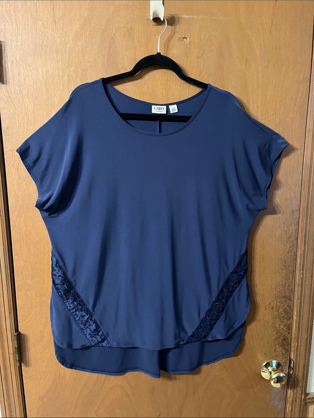 Cato Navy Short Sleeve Lace-Accent Blouse